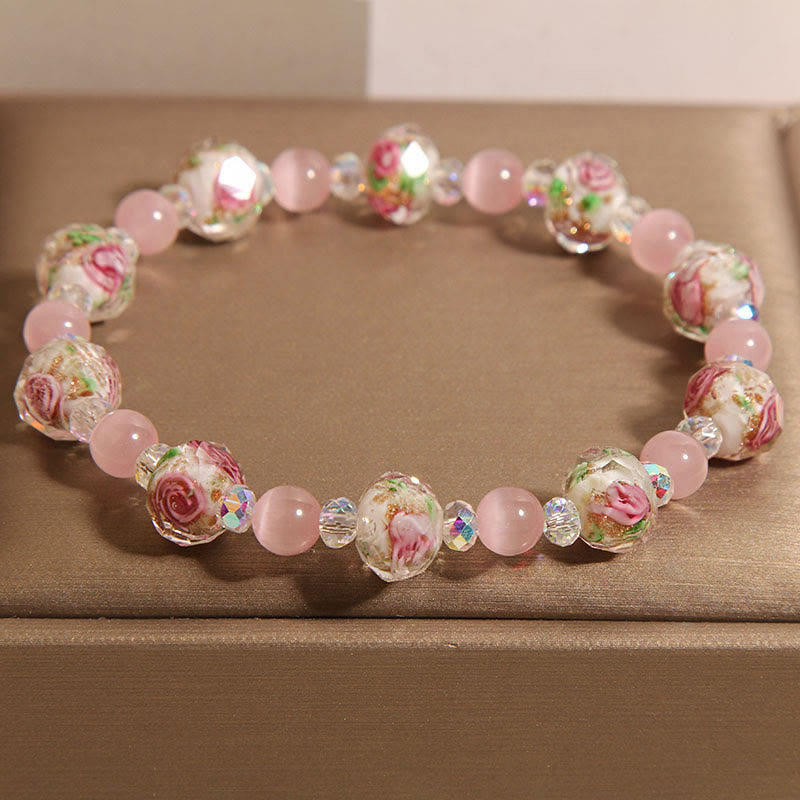 Wear FengShui Pink Crystal Liuli Glass Bead Cat's Eye Warmth Bracelet