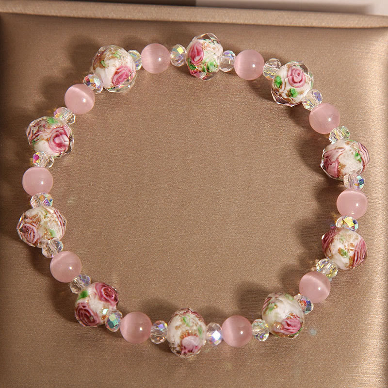 Wear FengShui Pink Crystal Liuli Glass Bead Cat's Eye Warmth Bracelet