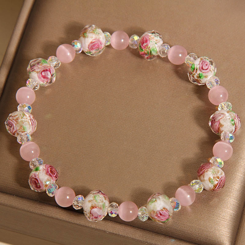 Wear FengShui Pink Crystal Liuli Glass Bead Cat's Eye Warmth Bracelet