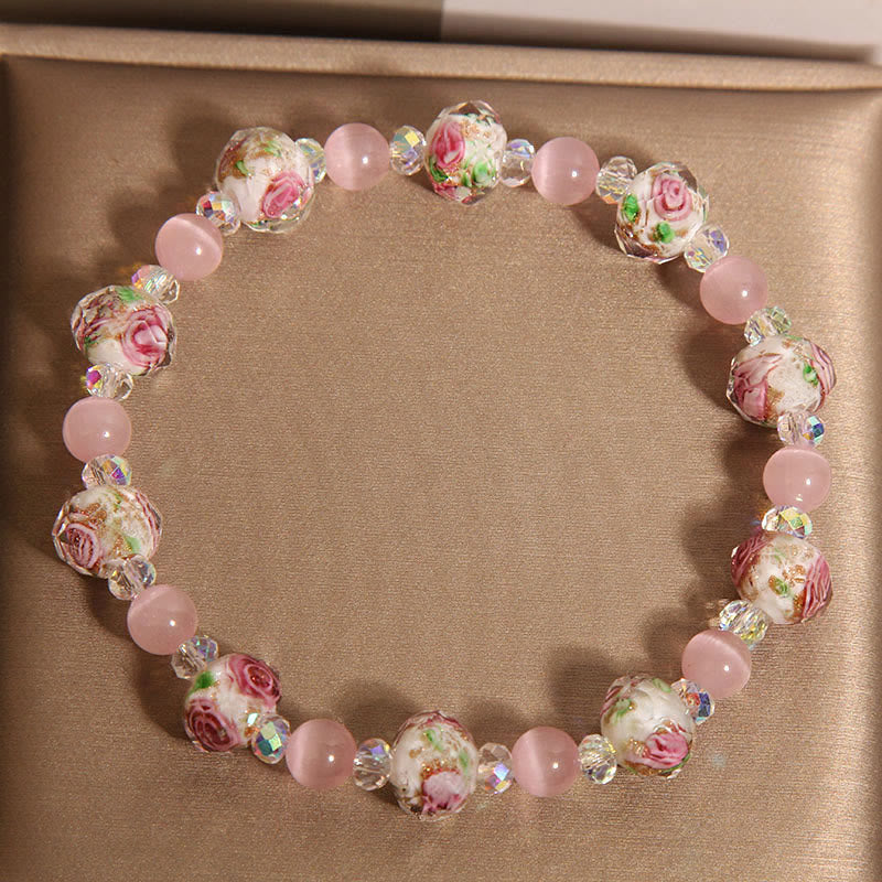 Wear FengShui Pink Crystal Liuli Glass Bead Cat's Eye Warmth Bracelet