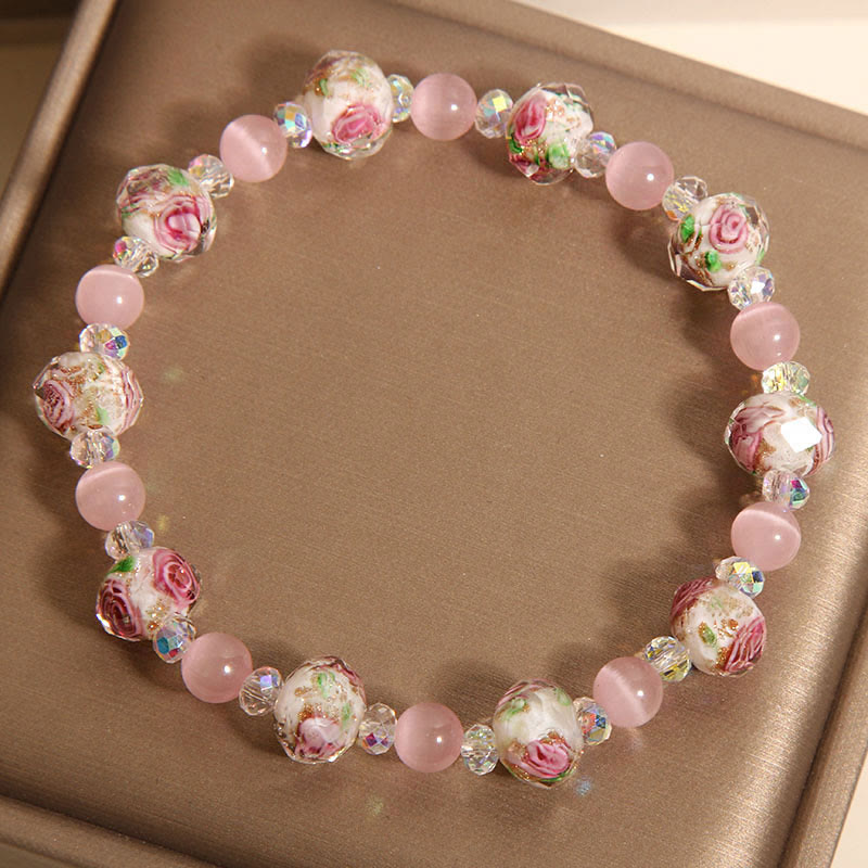 Wear FengShui Pink Crystal Liuli Glass Bead Cat's Eye Warmth Bracelet