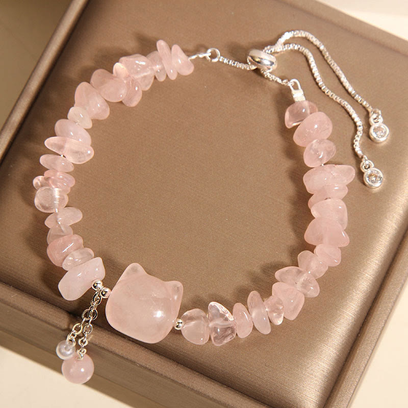 Wear FengShui Natural Pink Crystal Agate Gravel Stone Cat Head Soothing Bracelet