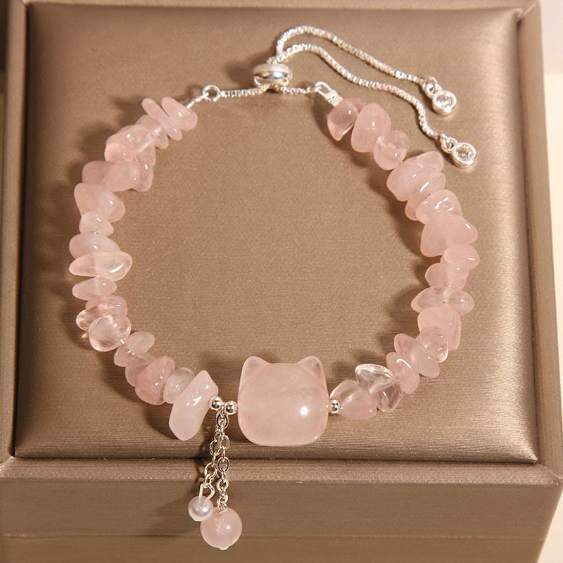 Wear FengShui Natural Pink Crystal Agate Gravel Stone Cat Head Soothing Bracelet