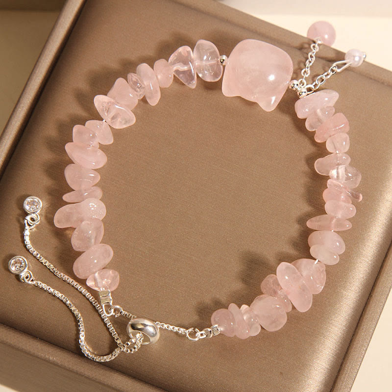 Wear FengShui Natural Pink Crystal Agate Gravel Stone Cat Head Soothing Bracelet