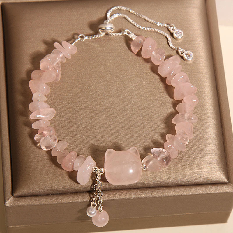 Wear FengShui Natural Pink Crystal Agate Gravel Stone Cat Head Soothing Bracelet