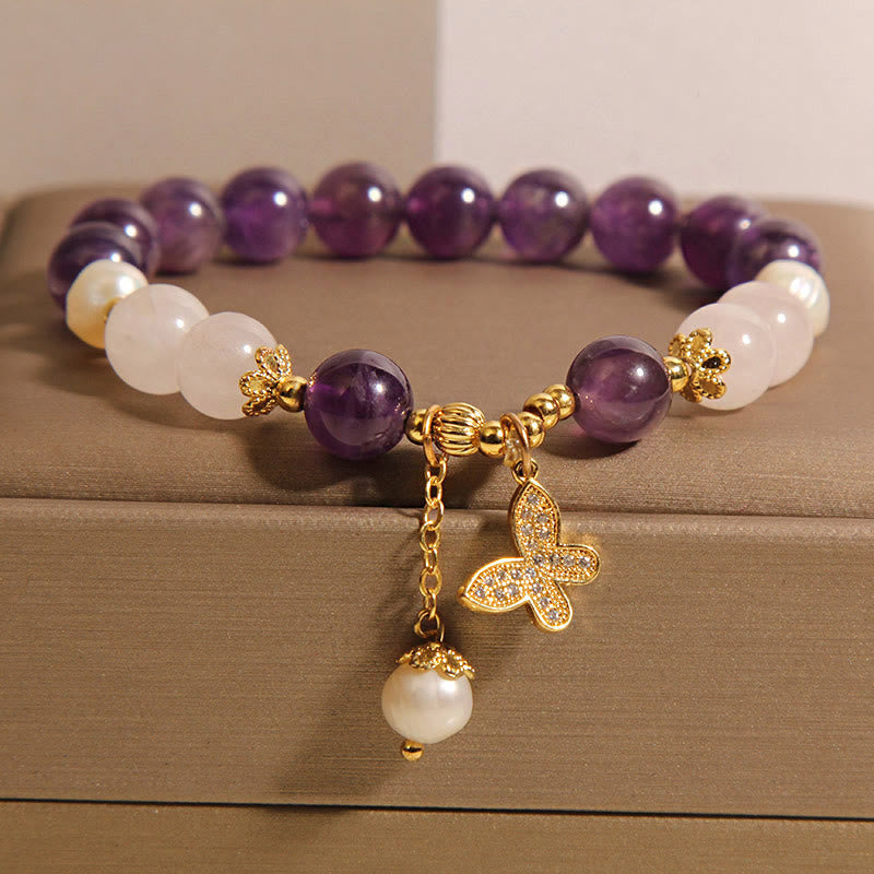 Wear FengShui Natural Amethyst Pearl Crystal Spiritual Healing Butterfly Charm Bracelet
