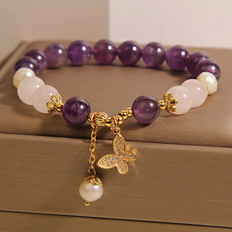Wear FengShui Natural Amethyst Pearl Crystal Spiritual Healing Butterfly Charm Bracelet