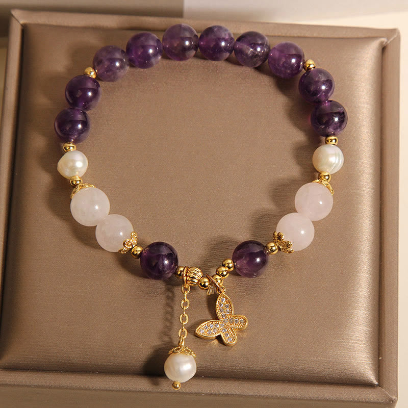 Wear FengShui Natural Amethyst Pearl Crystal Spiritual Healing Butterfly Charm Bracelet
