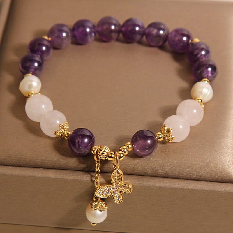 Wear FengShui Natural Amethyst Pearl Crystal Spiritual Healing Butterfly Charm Bracelet