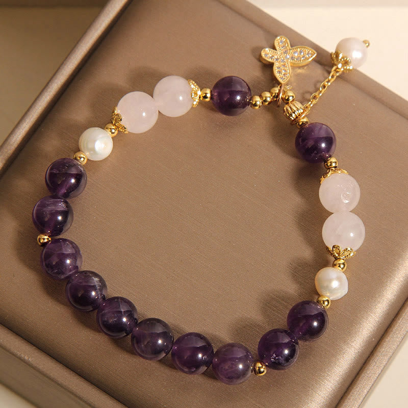 Wear FengShui Natural Amethyst Pearl Crystal Spiritual Healing Butterfly Charm Bracelet