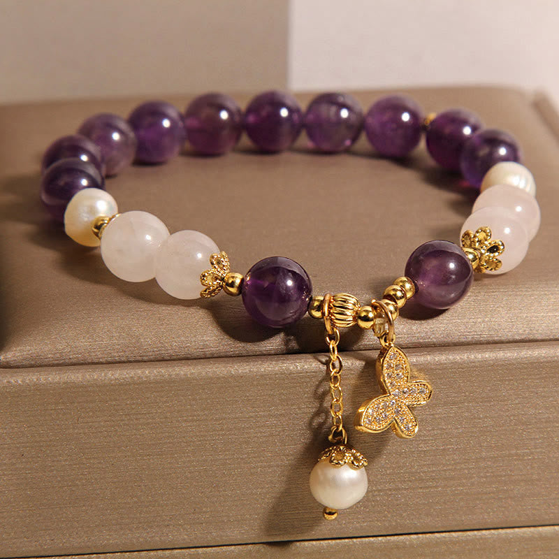 Wear FengShui Natural Amethyst Pearl Crystal Spiritual Healing Butterfly Charm Bracelet