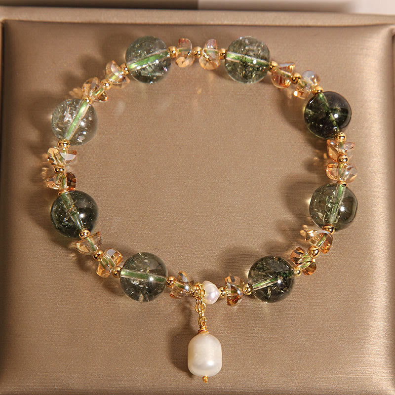 Wear FengShui Natural Green Phantom Pearl Gravel Crystal Stone Confidence Bracelet