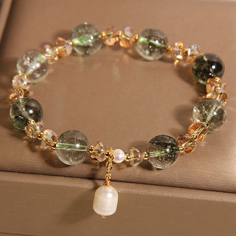 Wear FengShui Natural Green Phantom Pearl Gravel Crystal Stone Confidence Bracelet