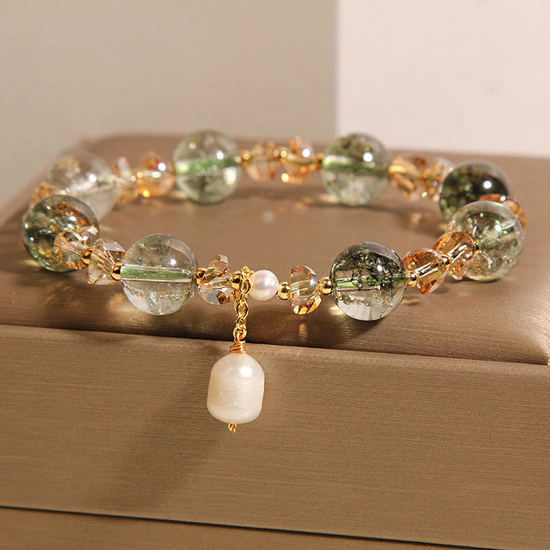 Wear FengShui Natural Green Phantom Pearl Gravel Crystal Stone Confidence Bracelet