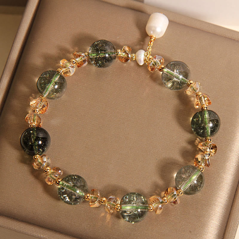 Wear FengShui Natural Green Phantom Pearl Gravel Crystal Stone Confidence Bracelet