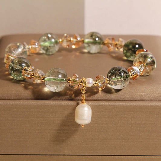 Wear FengShui Natural Green Phantom Pearl Gravel Crystal Stone Confidence Bracelet