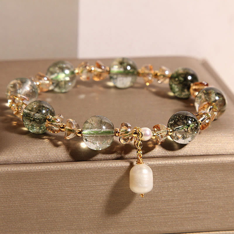 Wear FengShui Natural Green Phantom Pearl Gravel Crystal Stone Confidence Bracelet