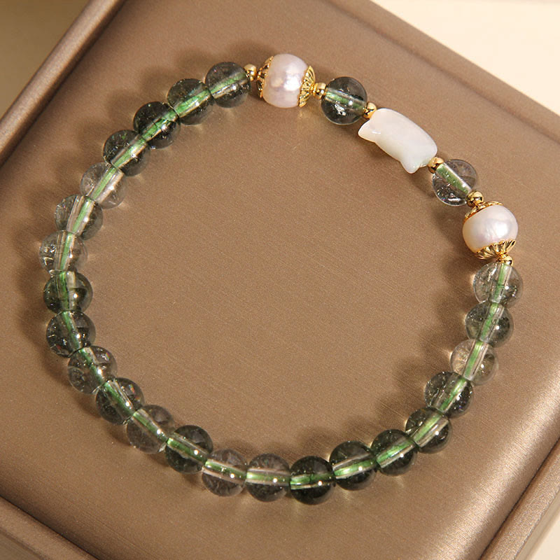 Wear FengShui Natural Green Phantom Pearl Shell Cat Head Lucky Bracelet