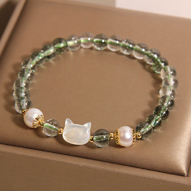 Wear FengShui Natural Green Phantom Pearl Shell Cat Head Lucky Bracelet