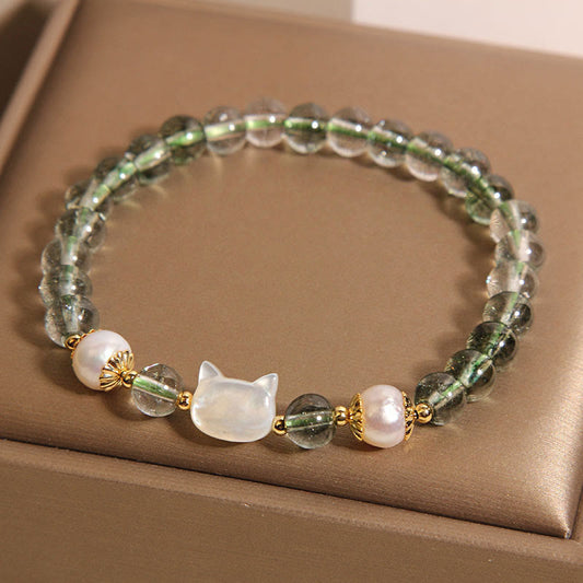 Wear FengShui Natural Green Phantom Pearl Shell Cat Head Lucky Bracelet