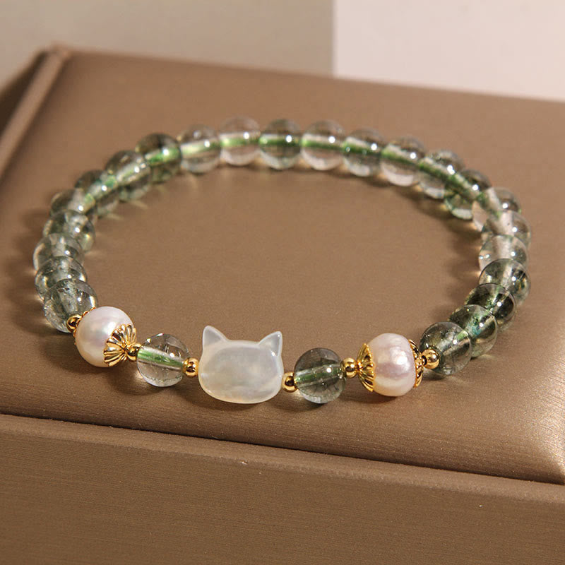 Wear FengShui Natural Green Phantom Pearl Shell Cat Head Lucky Bracelet