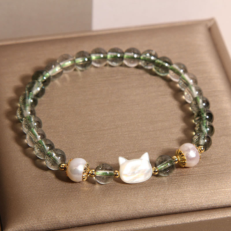 Wear FengShui Natural Green Phantom Pearl Shell Cat Head Lucky Bracelet