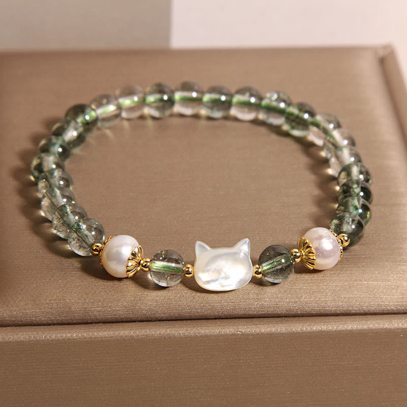 Wear FengShui Natural Green Phantom Pearl Shell Cat Head Lucky Bracelet
