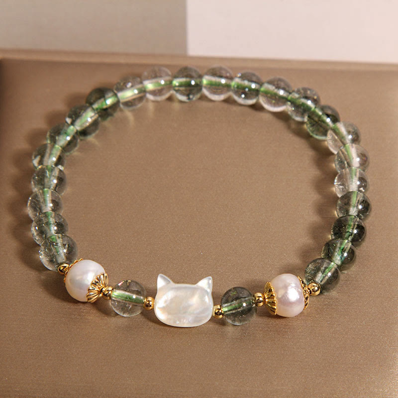 Wear FengShui Natural Green Phantom Pearl Shell Cat Head Lucky Bracelet