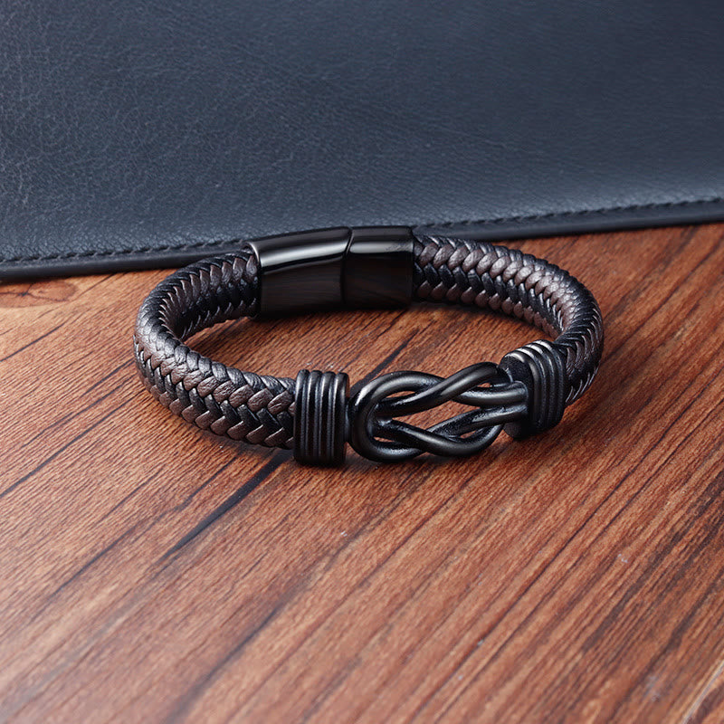 Wear FengShui Endless Knot Pattern Titanium Steel Balance Leather Buckle Bracelet