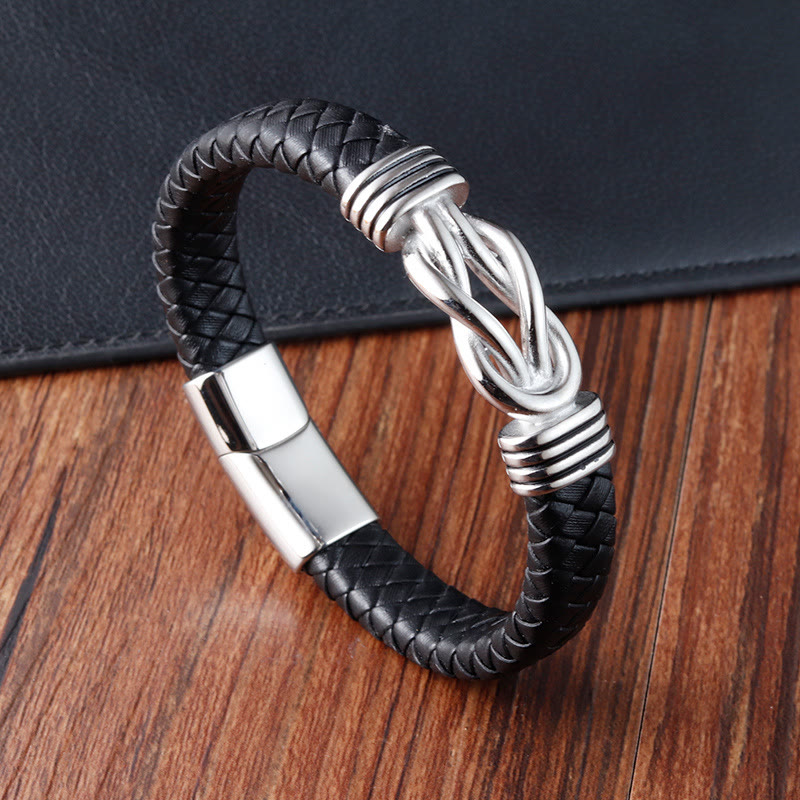 Wear FengShui Endless Knot Pattern Titanium Steel Balance Leather Buckle Bracelet