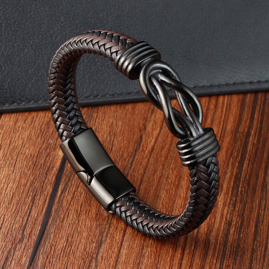 Wear FengShui Endless Knot Pattern Titanium Steel Balance Leather Buckle Bracelet
