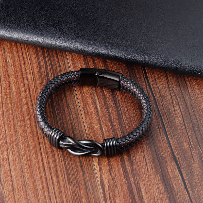 Wear FengShui Endless Knot Pattern Titanium Steel Balance Leather Buckle Bracelet