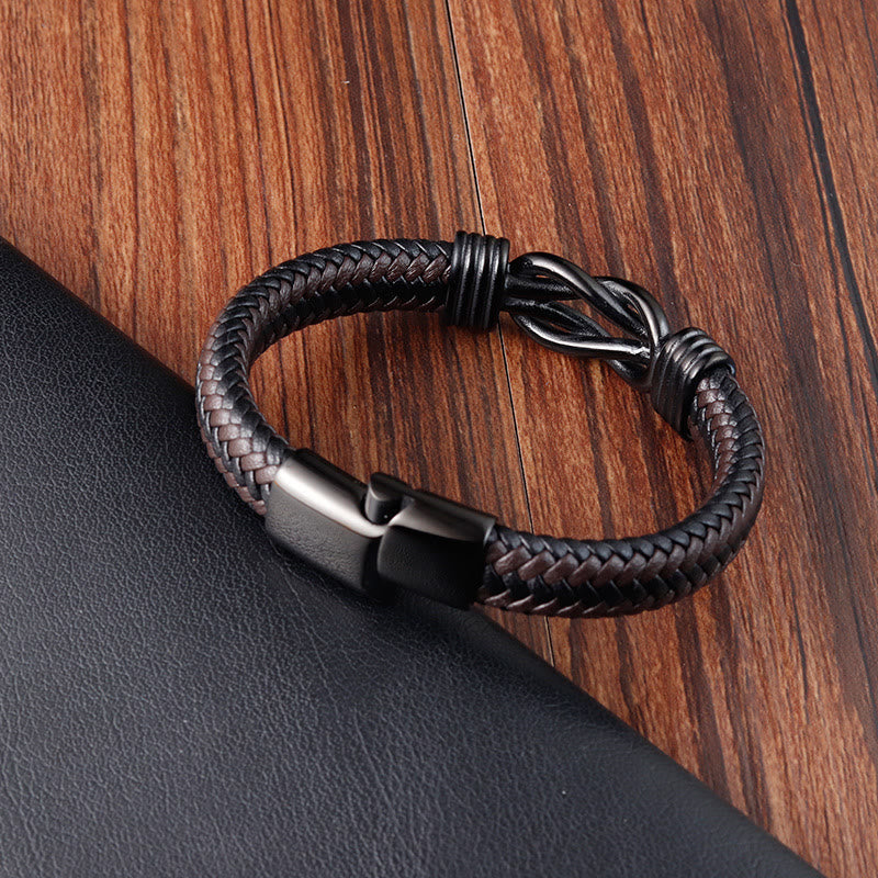 Wear FengShui Endless Knot Pattern Titanium Steel Balance Leather Buckle Bracelet