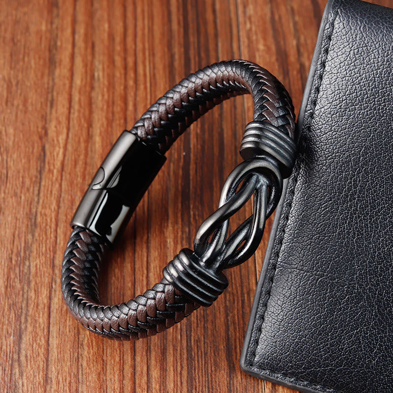 Wear FengShui Endless Knot Pattern Titanium Steel Balance Leather Buckle Bracelet