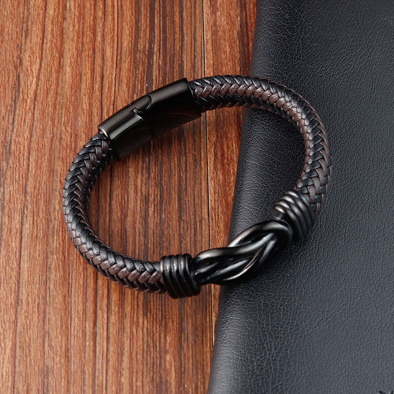 Wear FengShui Endless Knot Pattern Titanium Steel Balance Leather Buckle Bracelet