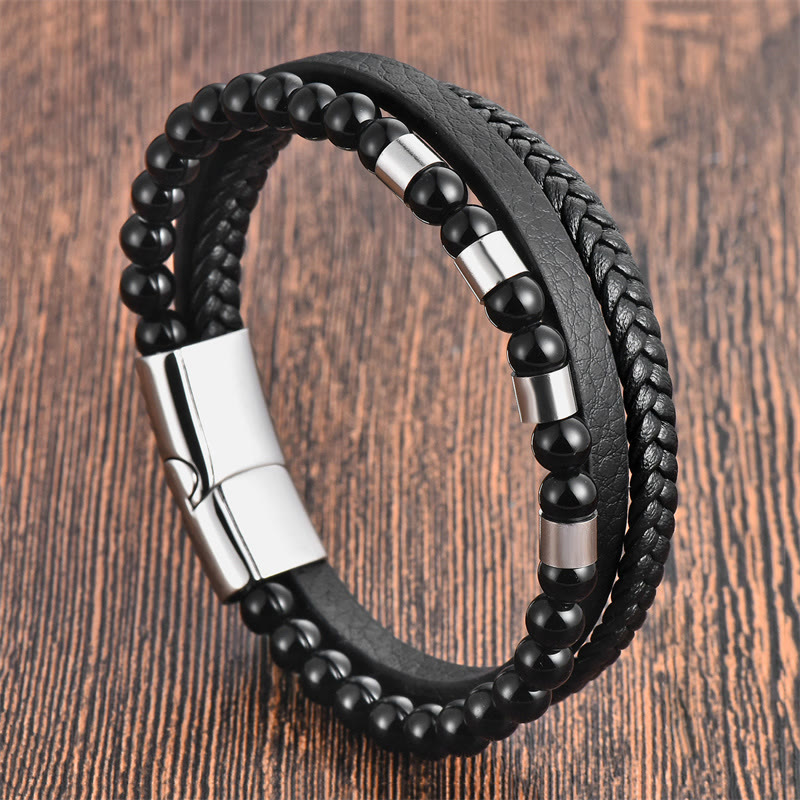 Wear FengShui Frosted Stone Multi-layer Leather Titanium Steel Balance Buckle Bracelet