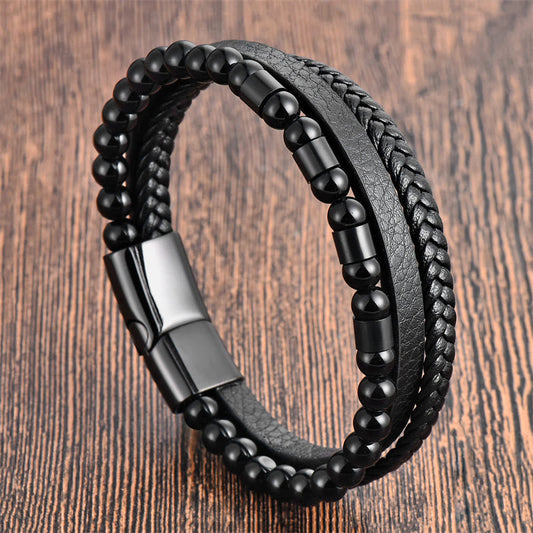 Wear FengShui Frosted Stone Multi-layer Leather Titanium Steel Balance Buckle Bracelet