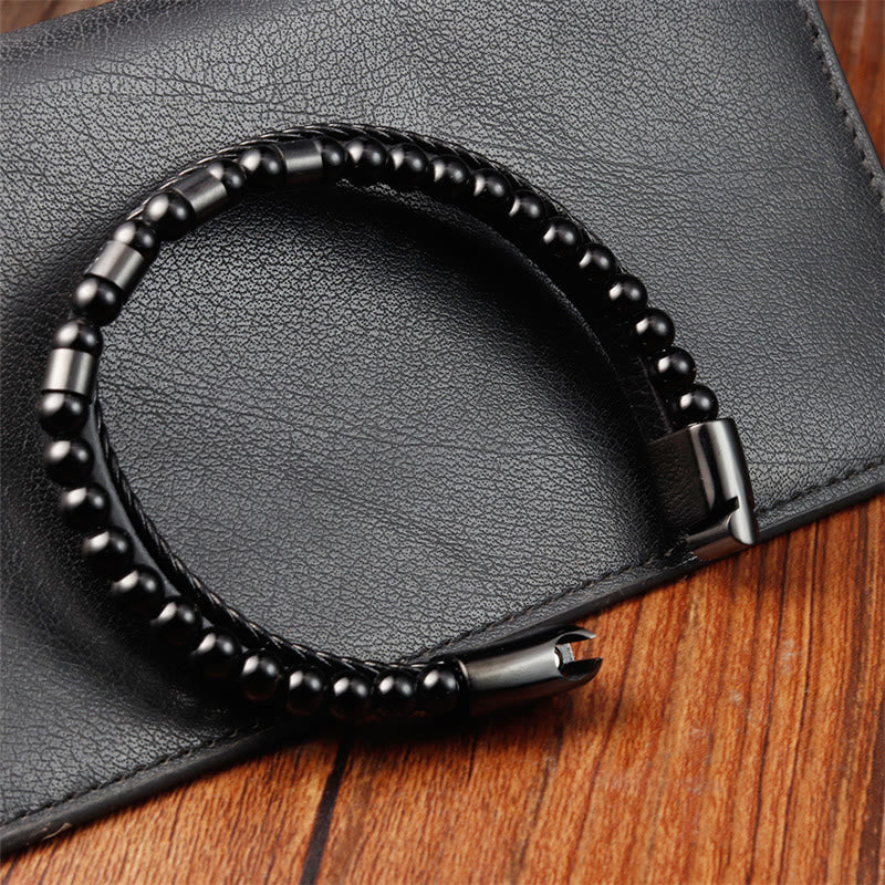 Wear FengShui Frosted Stone Multi-layer Leather Titanium Steel Balance Buckle Bracelet