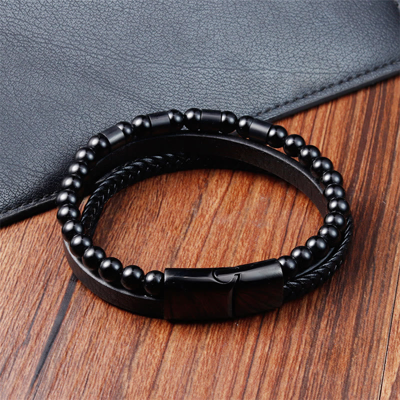 Wear FengShui Frosted Stone Multi-layer Leather Titanium Steel Balance Buckle Bracelet