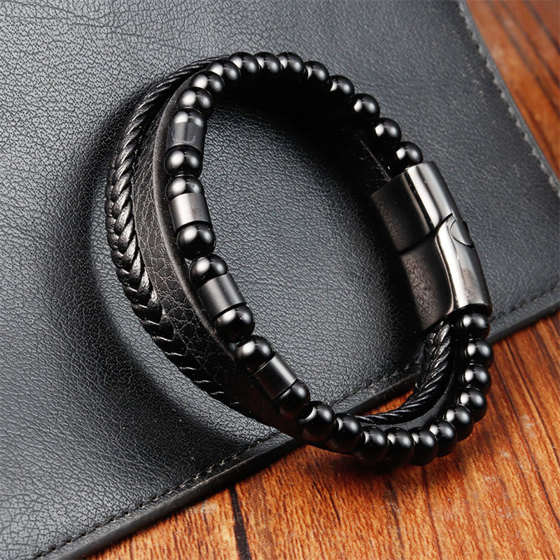 Wear FengShui Frosted Stone Multi-layer Leather Titanium Steel Balance Buckle Bracelet
