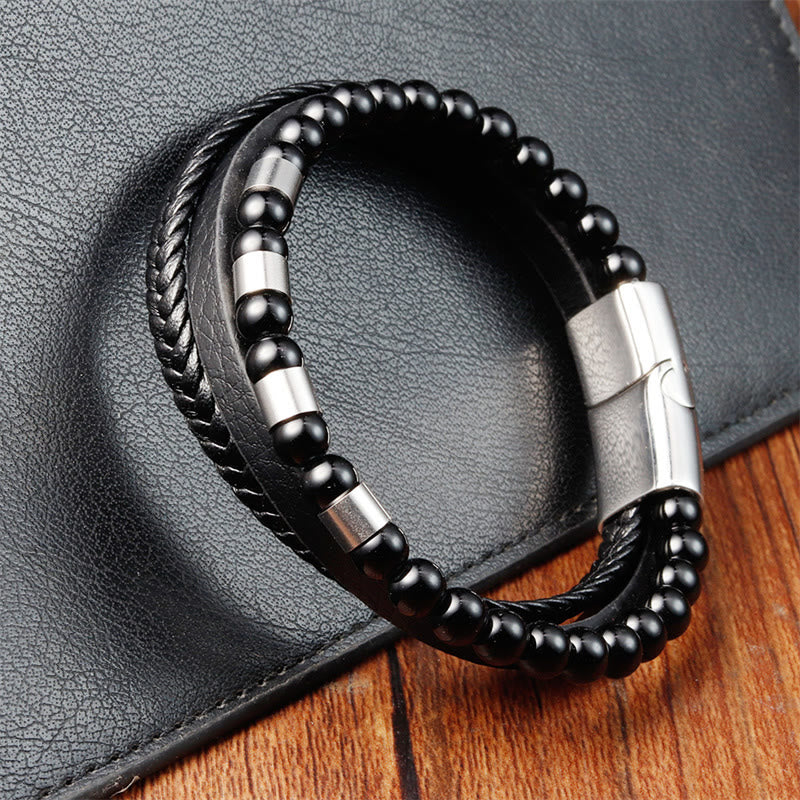 Wear FengShui Frosted Stone Multi-layer Leather Titanium Steel Balance Buckle Bracelet