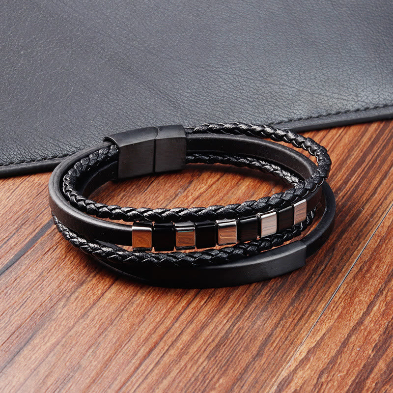Wear FengShui Square Titanium Steel Leather Multi-layer Buckle Calm Bracelet