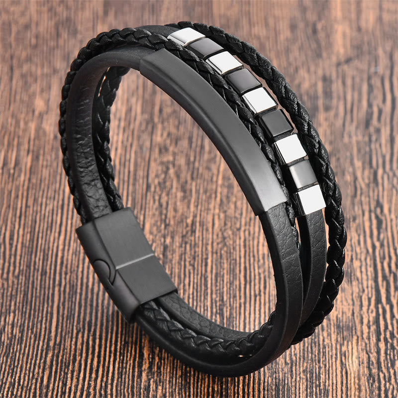 Wear FengShui Square Titanium Steel Leather Multi-layer Buckle Calm Bracelet