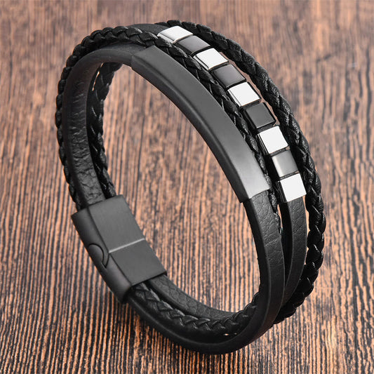 Wear FengShui Square Titanium Steel Leather Multi-layer Buckle Calm Bracelet