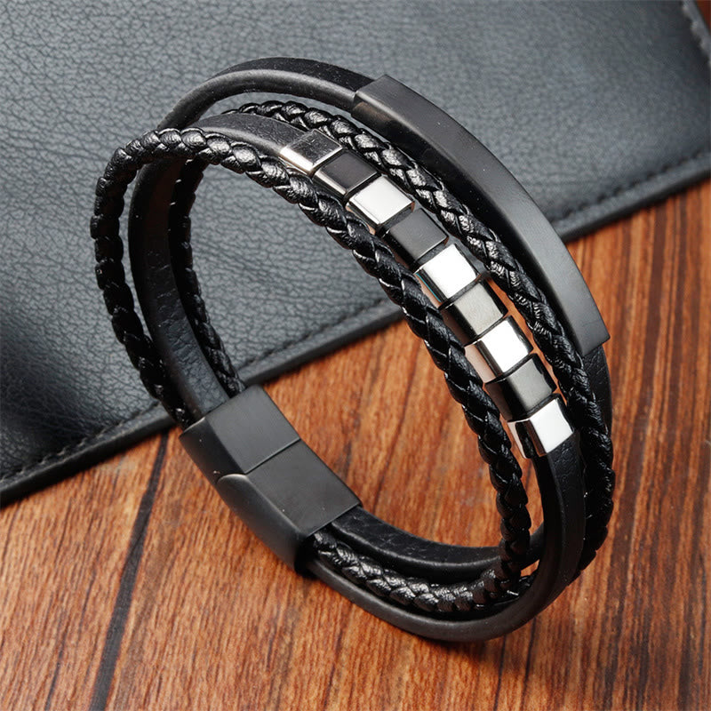 Wear FengShui Square Titanium Steel Leather Multi-layer Buckle Calm Bracelet