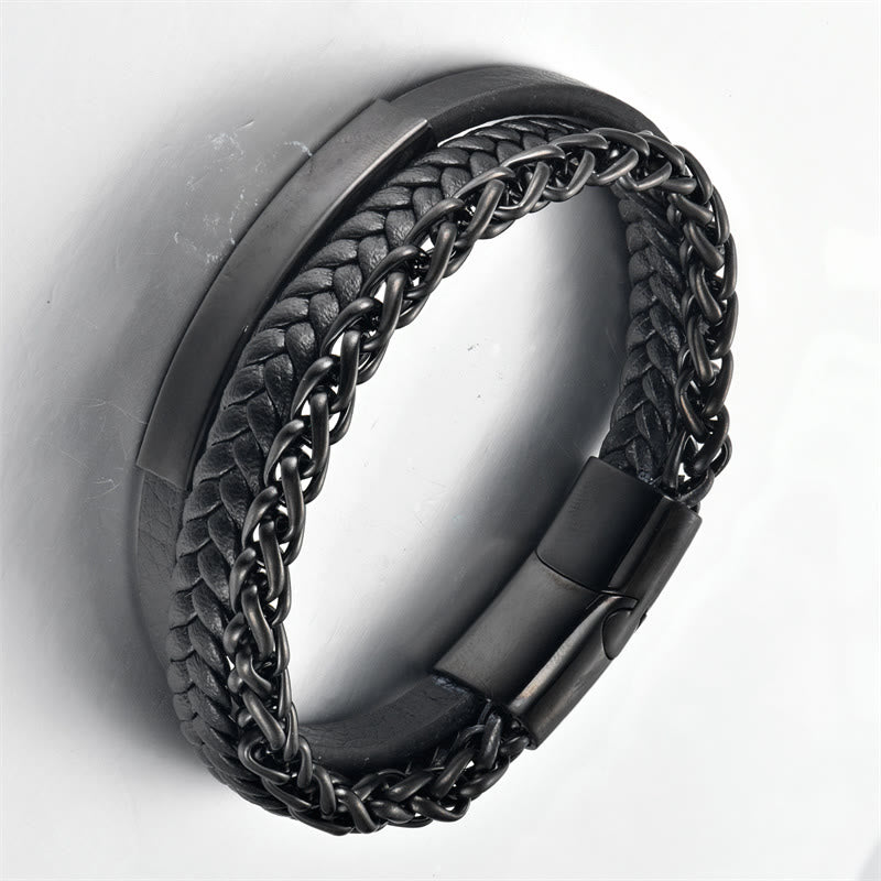 Wear FengShui Woven Pattern Titanium Steel Stimulation Multi-layer Leather Buckle Bracelet
