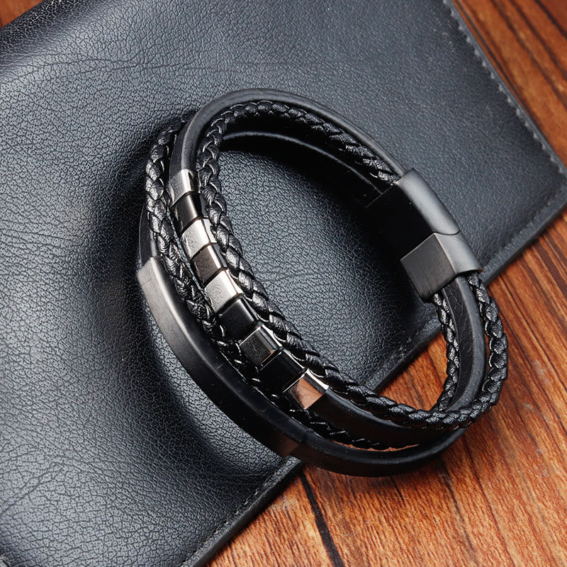 Wear FengShui Square Titanium Steel Leather Multi-layer Buckle Calm Bracelet