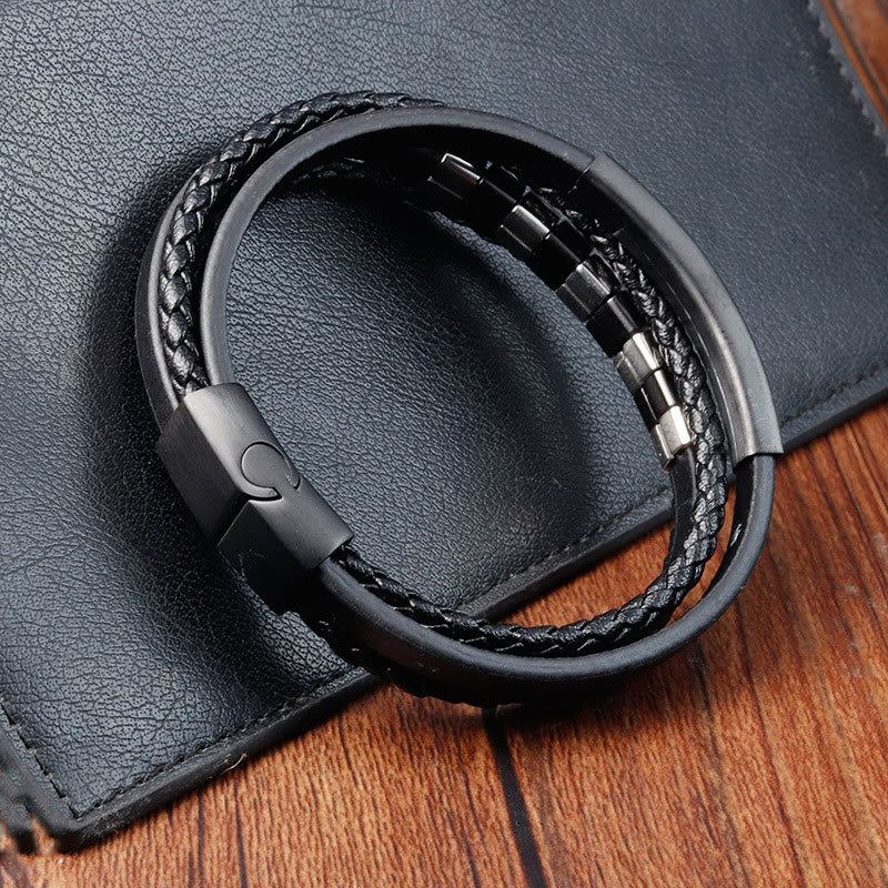 Wear FengShui Square Titanium Steel Leather Multi-layer Buckle Calm Bracelet