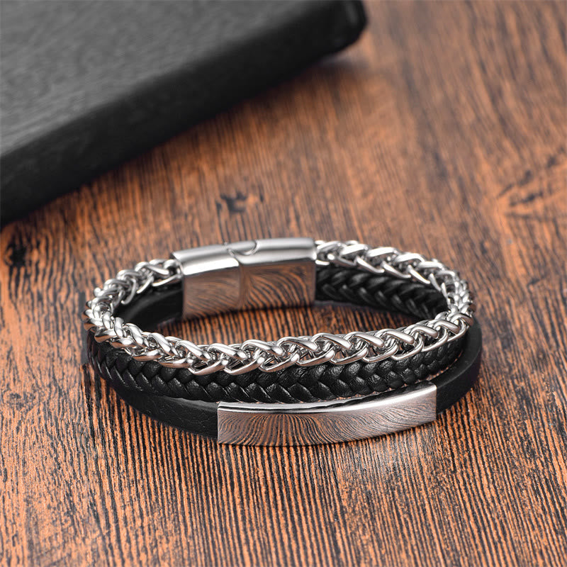 Wear FengShui Woven Pattern Titanium Steel Stimulation Multi-layer Leather Buckle Bracelet