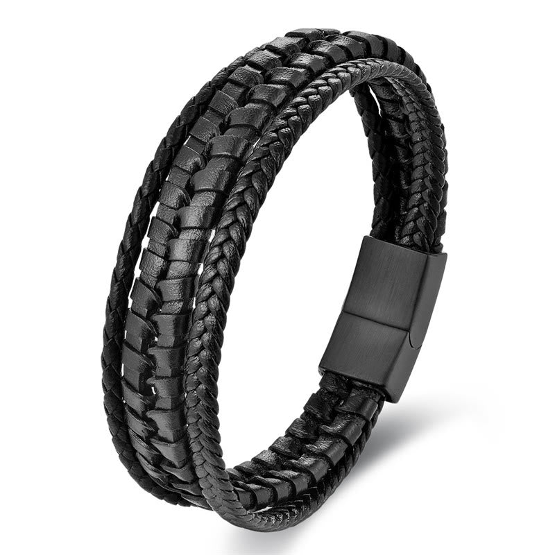 Wear FengShui Simple Braided Pattern Titanium Steel Strengthen Multi-layer Leather Buckle Bracelet